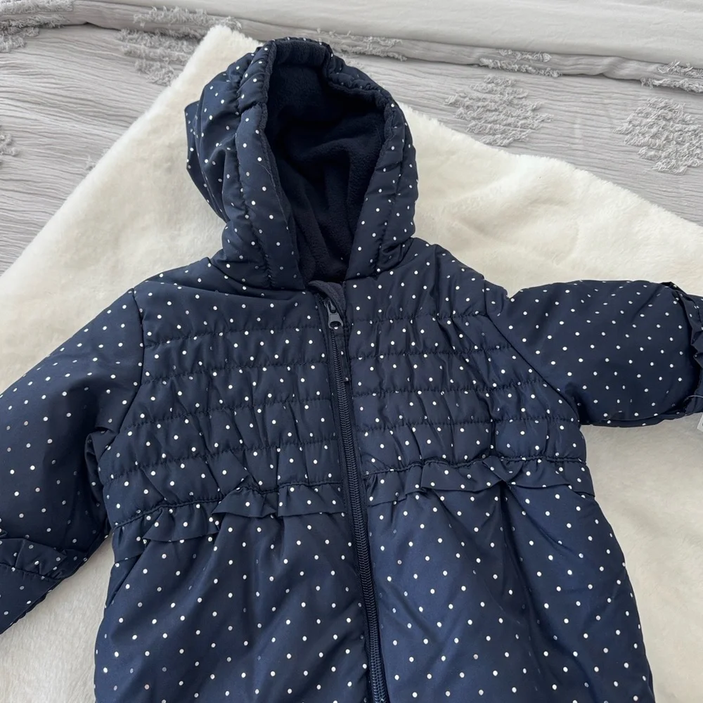 Rothschild navy blue & white polka dot ruffled pram fleece lined snow suit 12M